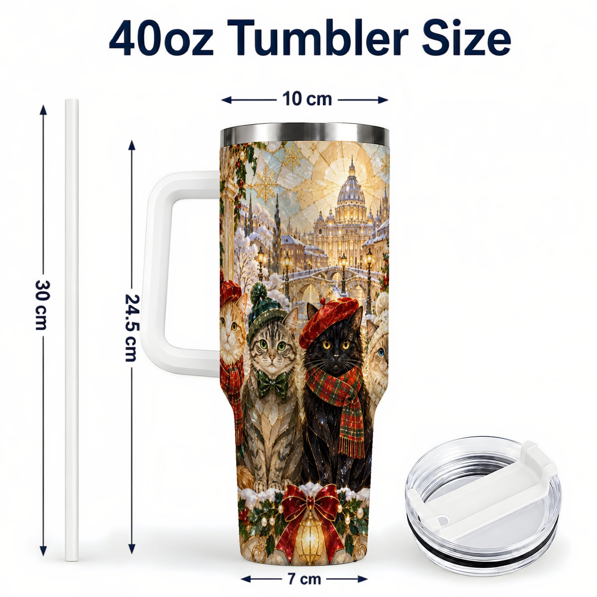#pl[40oz|White] Stained Glass Cats 40oz Tumbler with Handle, Christmas Cat Travel Cup