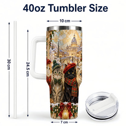 #pl[40oz|White] Stained Glass Cats 40oz Tumbler with Handle, Christmas Cat Travel Cup