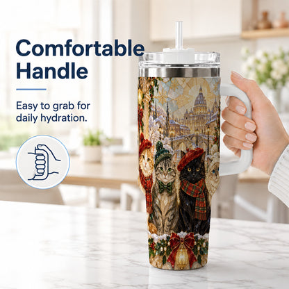 #pl[40oz|White] Stained Glass Cats 40oz Tumbler with Handle, Christmas Cat Travel Cup