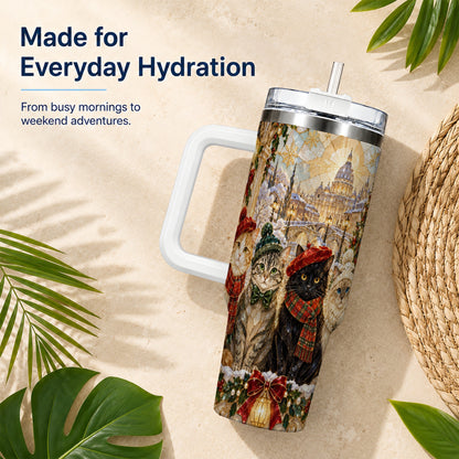 Stained Glass Cats 40oz Tumbler with Handle, Christmas Cat Travel Cup