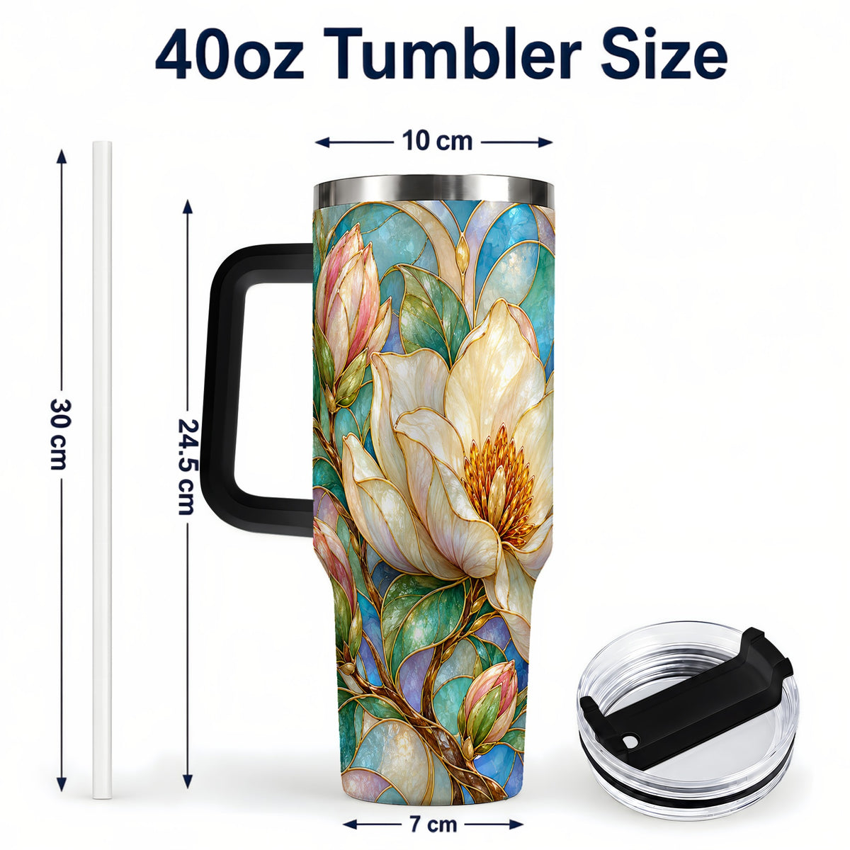 #pl[40oz|Black] Jeweled 40oz Tumbler with Handle, Botanical Stainless Steel Travel Cup