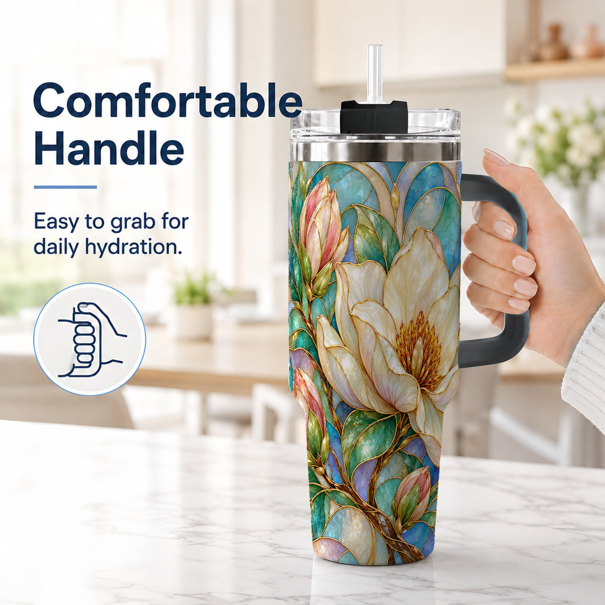 #pl[40oz|Black] Jeweled 40oz Tumbler with Handle, Botanical Stainless Steel Travel Cup