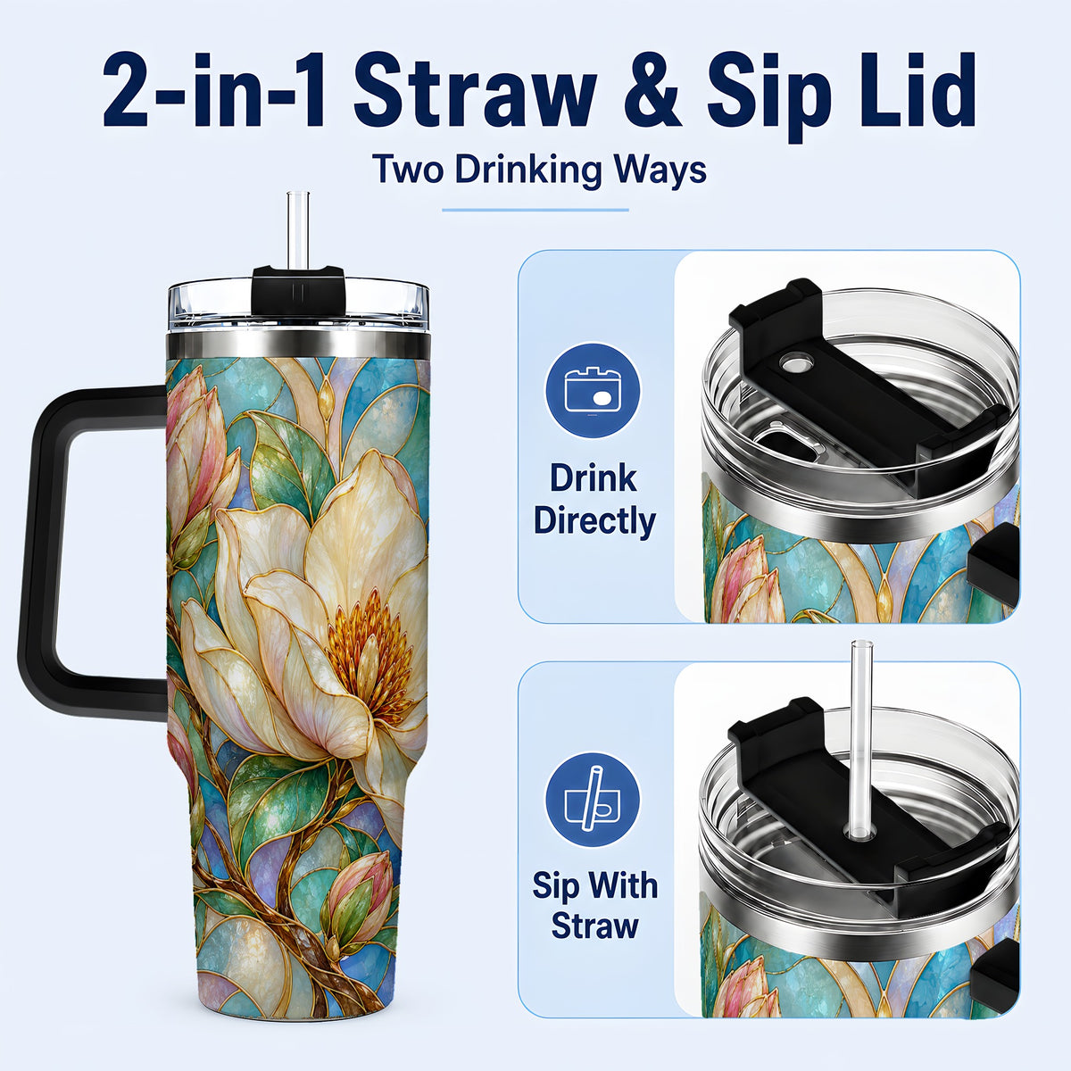 #pl[40oz|Black] Jeweled 40oz Tumbler with Handle, Botanical Stainless Steel Travel Cup