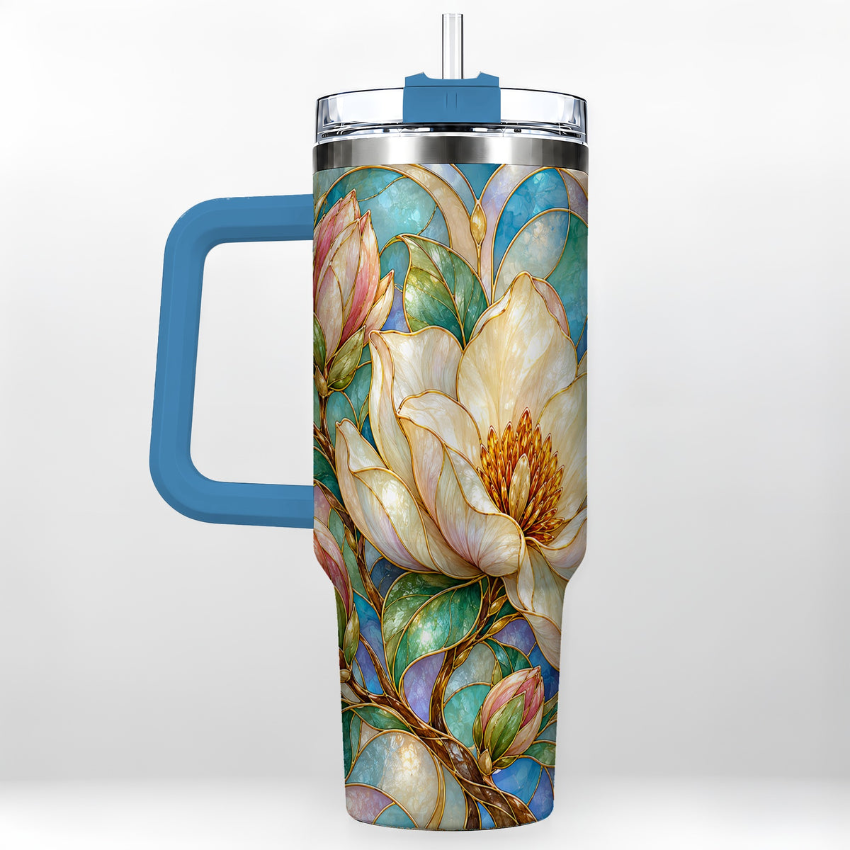 #pl[40oz|Blue] Jeweled 40oz Tumbler with Handle, Botanical Stainless Steel Travel Cup