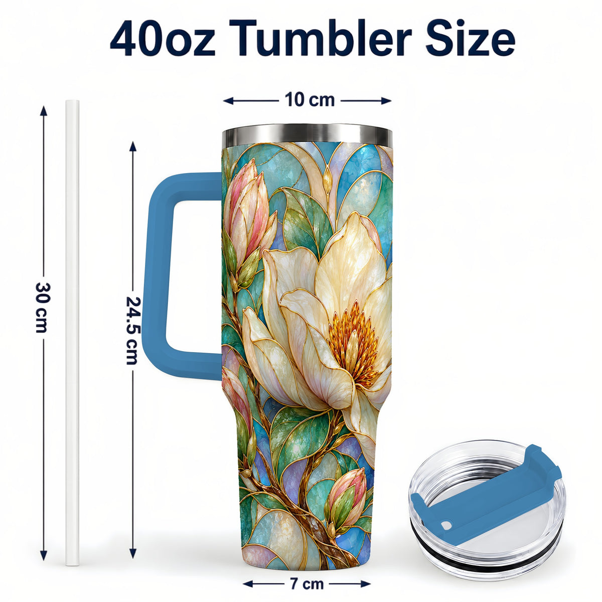 #pl[40oz|Blue] Jeweled 40oz Tumbler with Handle, Botanical Stainless Steel Travel Cup