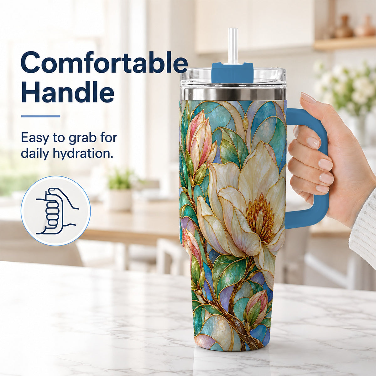 #pl[40oz|Blue] Jeweled 40oz Tumbler with Handle, Botanical Stainless Steel Travel Cup