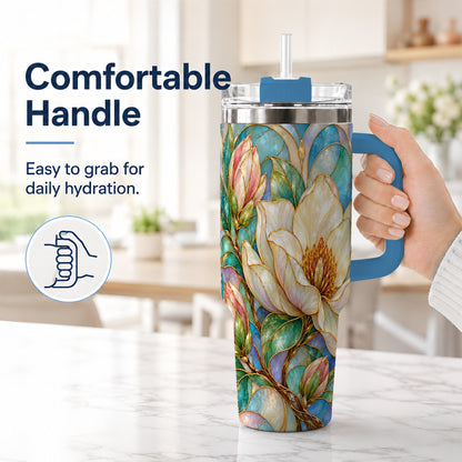 #pl[40oz|Blue] Jeweled 40oz Tumbler with Handle, Botanical Stainless Steel Travel Cup