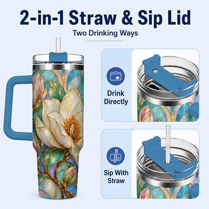 #pl[40oz|Blue] Jeweled 40oz Tumbler with Handle, Botanical Stainless Steel Travel Cup