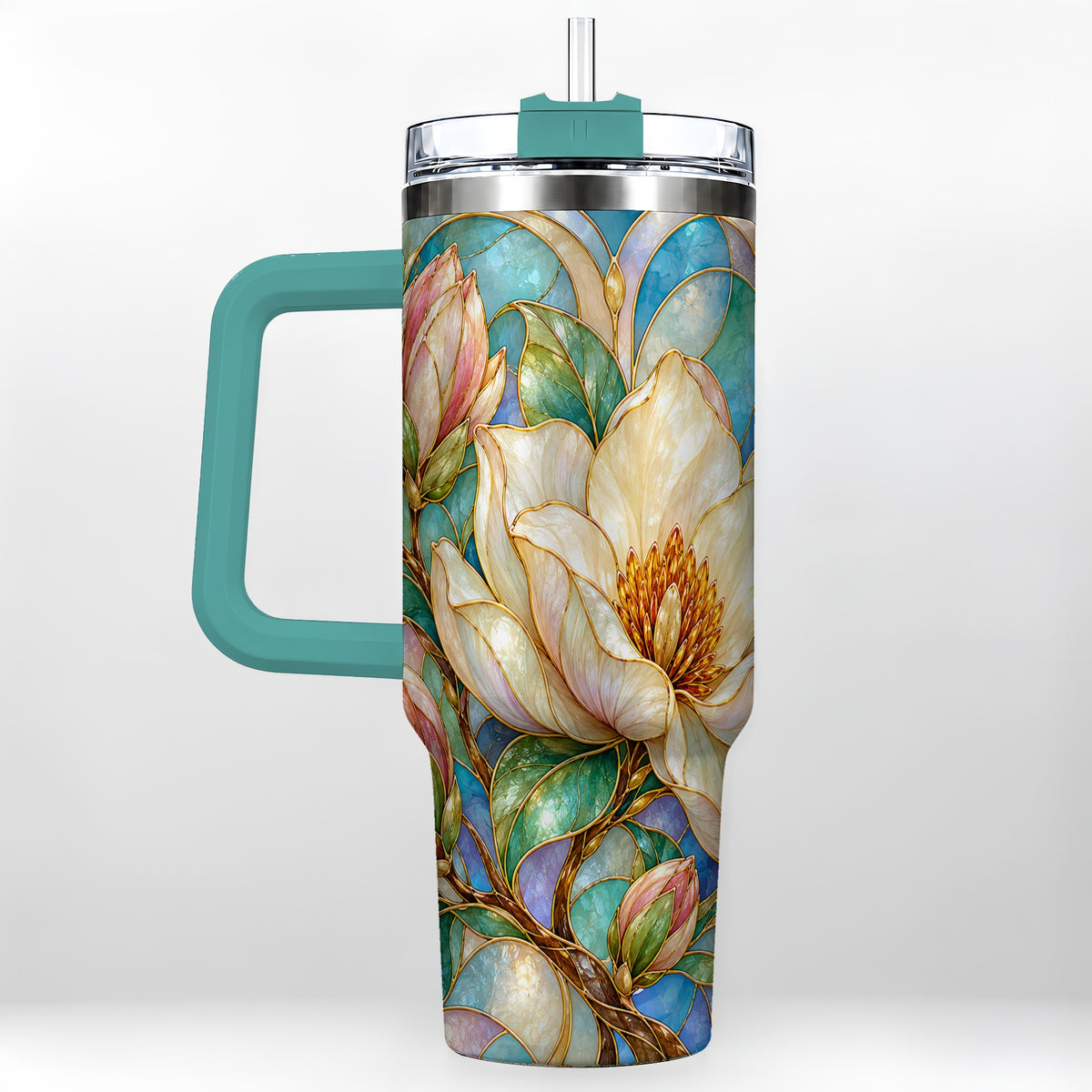 #pl[40oz|Green] Jeweled 40oz Tumbler with Handle, Botanical Stainless Steel Travel Cup