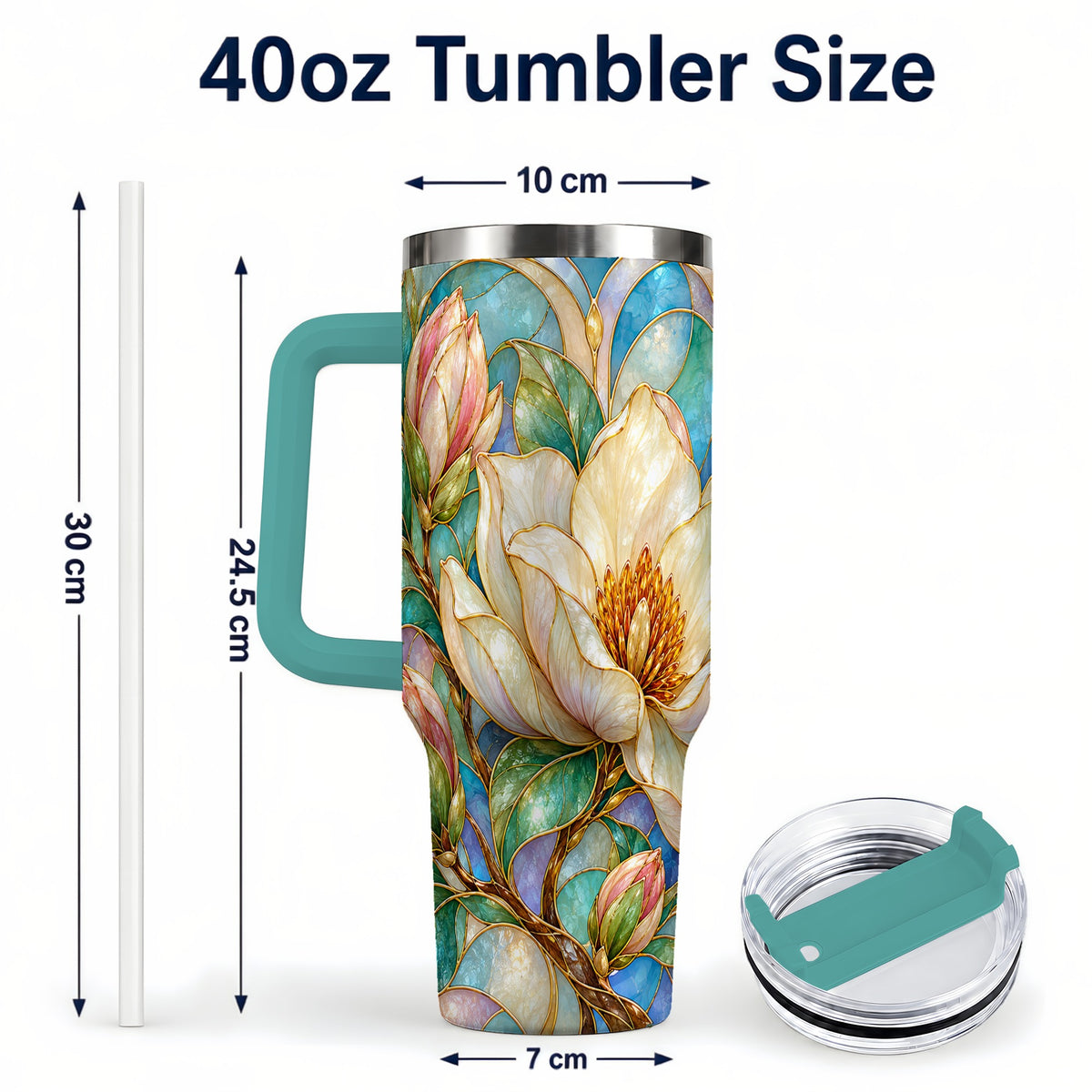 #pl[40oz|Green] Jeweled 40oz Tumbler with Handle, Botanical Stainless Steel Travel Cup