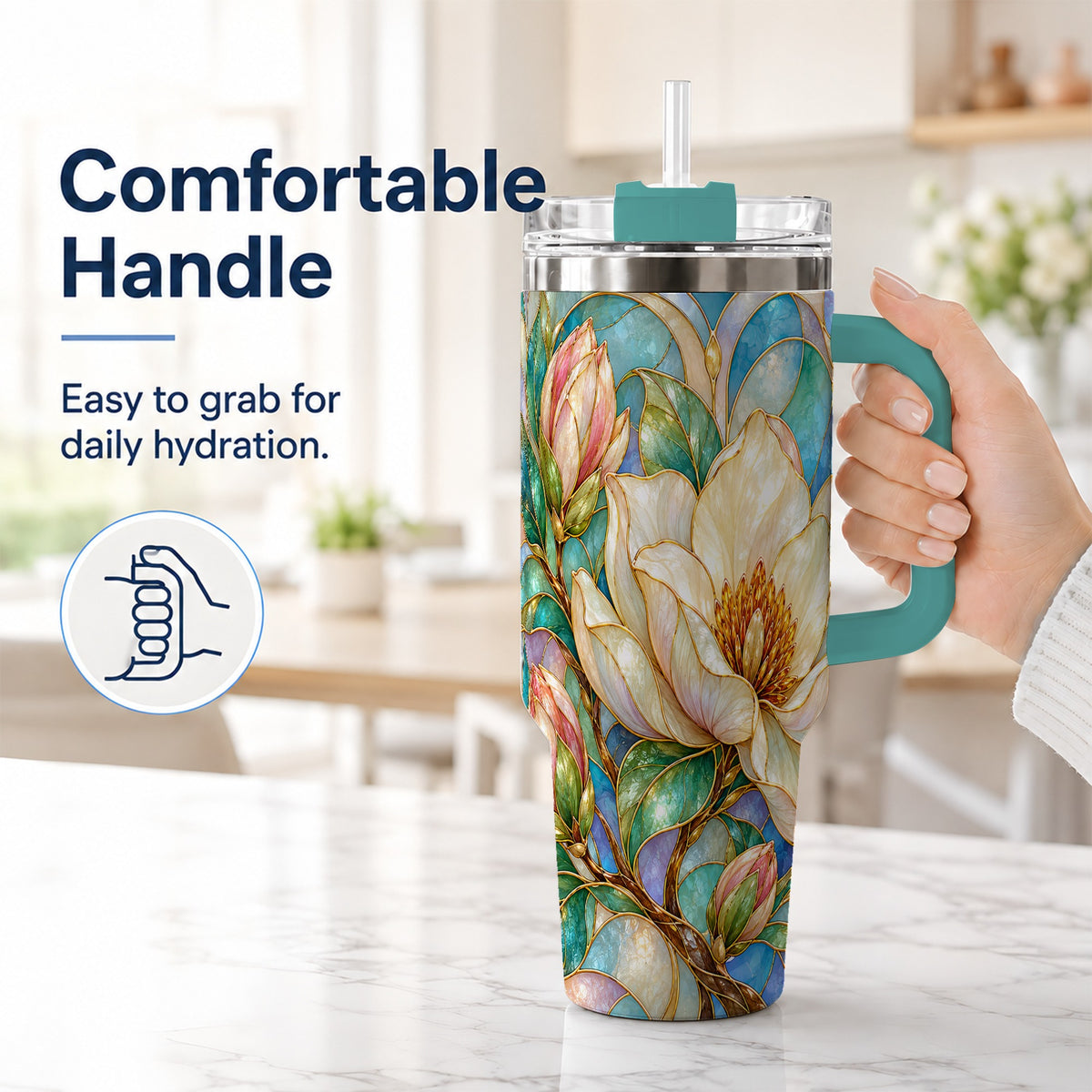 #pl[40oz|Green] Jeweled 40oz Tumbler with Handle, Botanical Stainless Steel Travel Cup