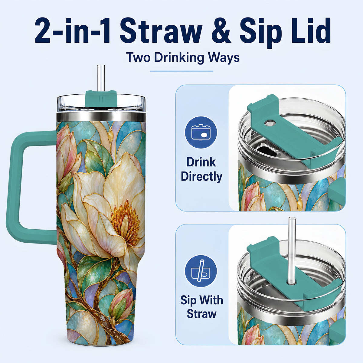 #pl[40oz|Green] Jeweled 40oz Tumbler with Handle, Botanical Stainless Steel Travel Cup