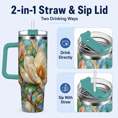 #pl[40oz|Green] Jeweled 40oz Tumbler with Handle, Botanical Stainless Steel Travel Cup