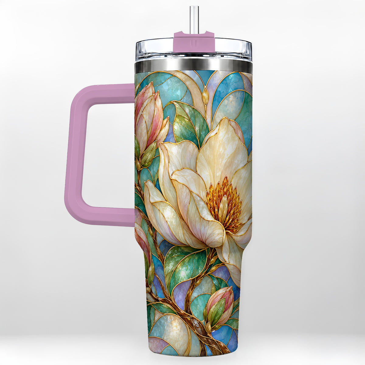 #pl[40oz|Pink] Jeweled 40oz Tumbler with Handle, Botanical Stainless Steel Travel Cup