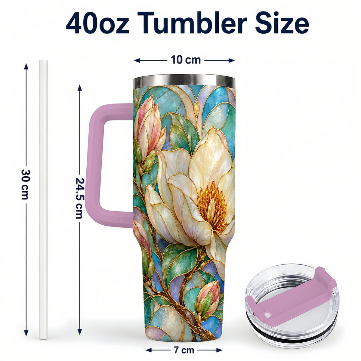 #pl[40oz|Pink] Jeweled 40oz Tumbler with Handle, Botanical Stainless Steel Travel Cup