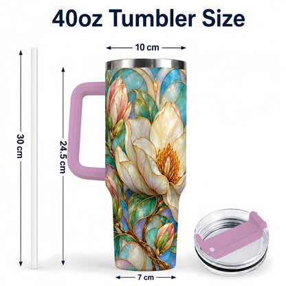#pl[40oz|Pink] Jeweled 40oz Tumbler with Handle, Botanical Stainless Steel Travel Cup
