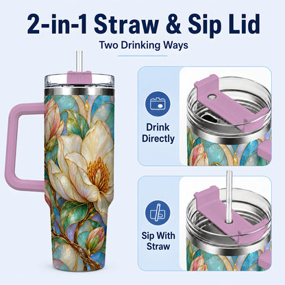 #pl[40oz|Pink] Jeweled 40oz Tumbler with Handle, Botanical Stainless Steel Travel Cup