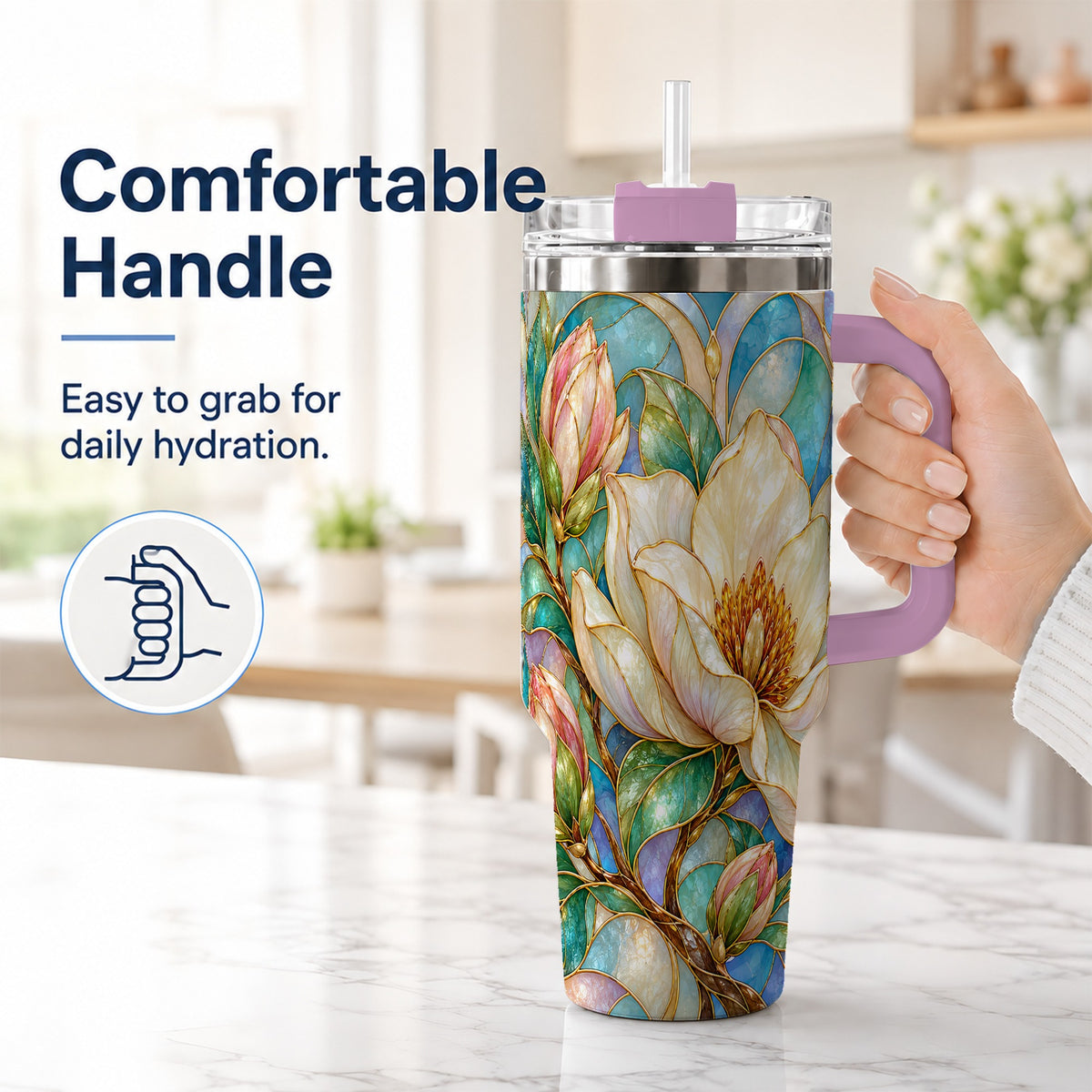 #pl[40oz|Pink] Jeweled 40oz Tumbler with Handle, Botanical Stainless Steel Travel Cup