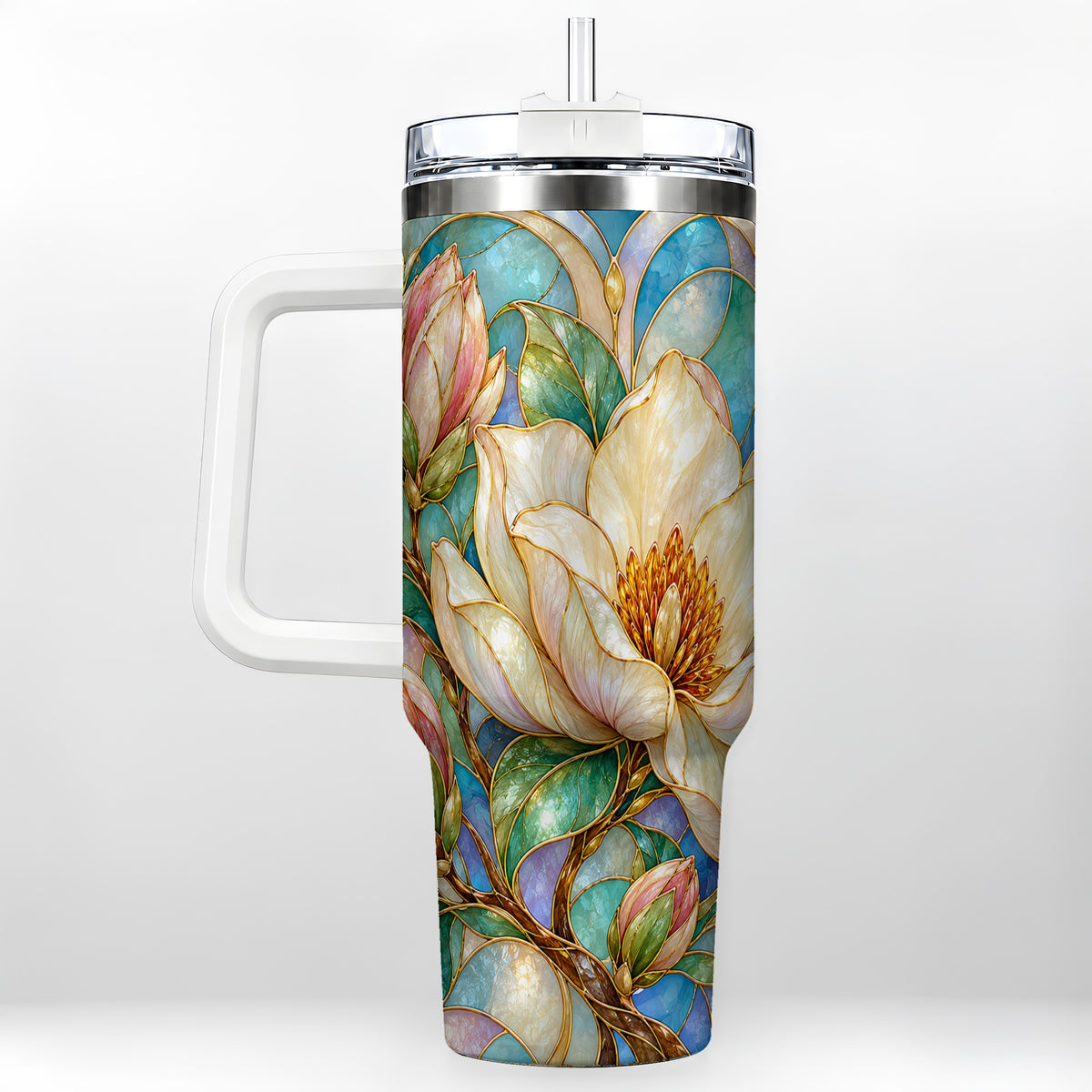Jeweled 40oz Tumbler with Handle, Botanical Stainless Steel Travel Cup