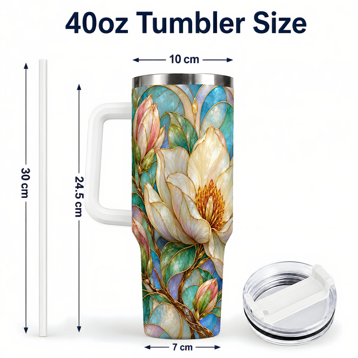 #pl[40oz|White] Jeweled 40oz Tumbler with Handle, Botanical Stainless Steel Travel Cup