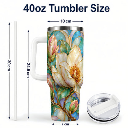 #pl[40oz|White] Jeweled 40oz Tumbler with Handle, Botanical Stainless Steel Travel Cup