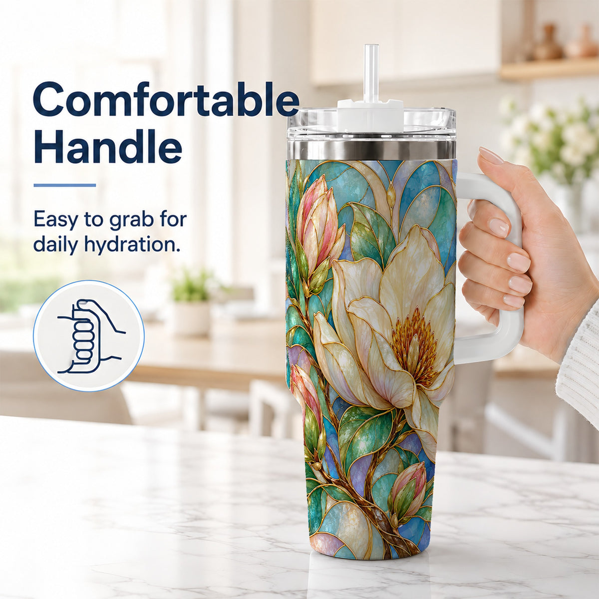 #pl[40oz|White] Jeweled 40oz Tumbler with Handle, Botanical Stainless Steel Travel Cup
