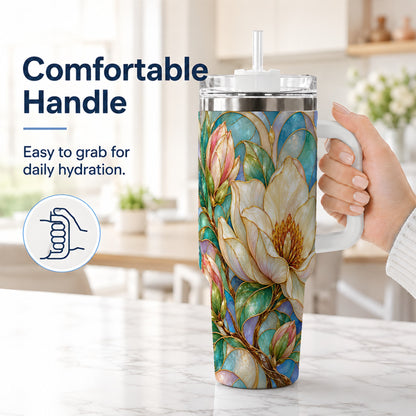 #pl[40oz|White] Jeweled 40oz Tumbler with Handle, Botanical Stainless Steel Travel Cup