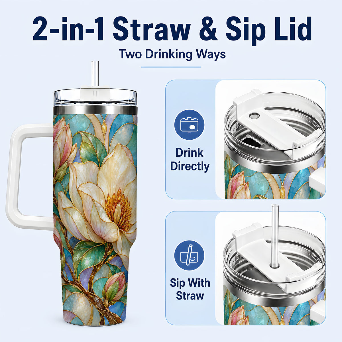 #pl[40oz|White] Jeweled 40oz Tumbler with Handle, Botanical Stainless Steel Travel Cup