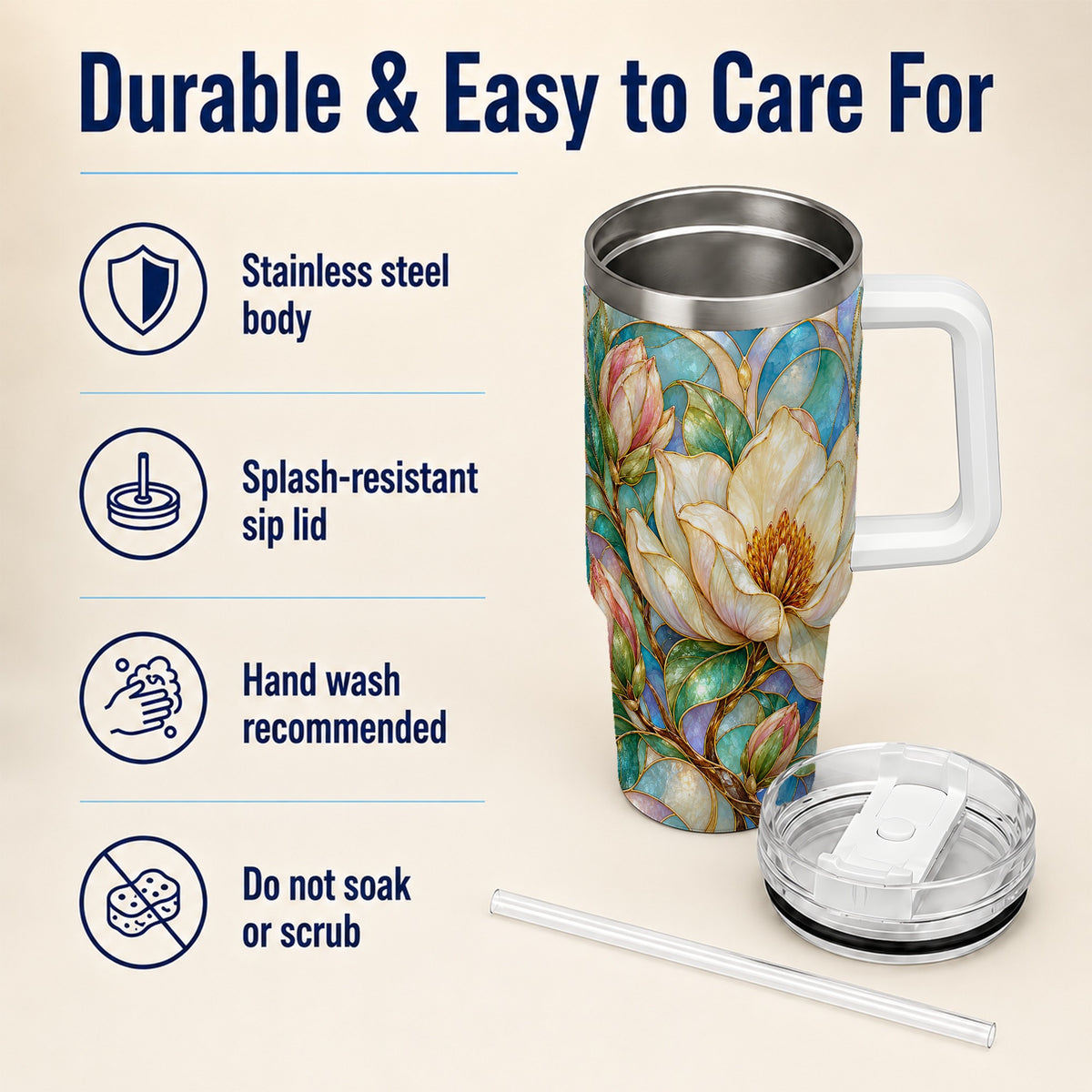 Jeweled 40oz Tumbler with Handle, Botanical Stainless Steel Travel Cup