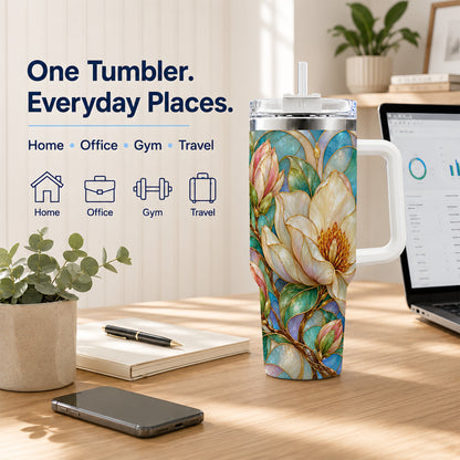 Jeweled 40oz Tumbler with Handle, Botanical Stainless Steel Travel Cup
