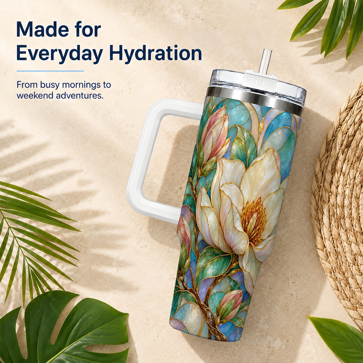 Jeweled 40oz Tumbler with Handle, Botanical Stainless Steel Travel Cup