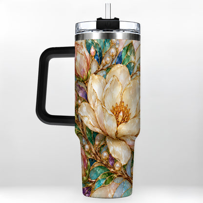 #pl[40oz|Black] Pearl Floral 40oz Tumbler with Handle, Blossom Stainless Steel Travel Cup