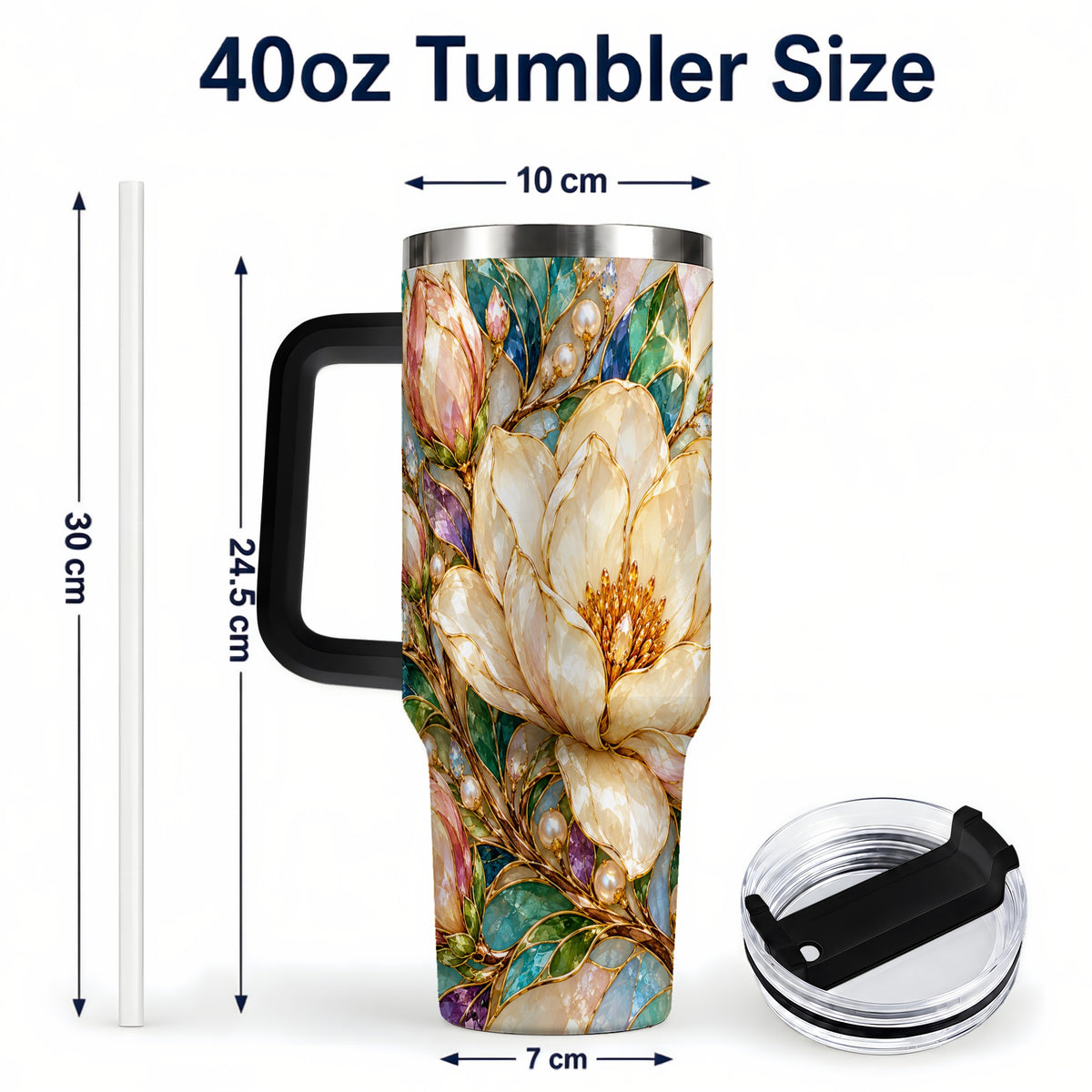 #pl[40oz|Black] Pearl Floral 40oz Tumbler with Handle, Blossom Stainless Steel Travel Cup