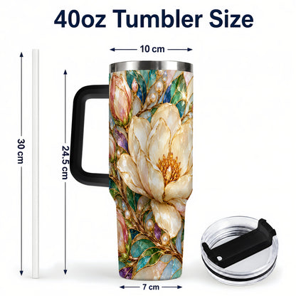 #pl[40oz|Black] Pearl Floral 40oz Tumbler with Handle, Blossom Stainless Steel Travel Cup