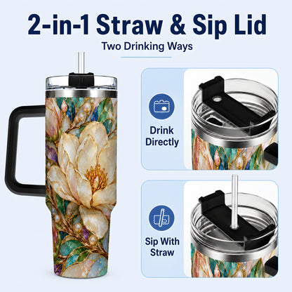 #pl[40oz|Black] Pearl Floral 40oz Tumbler with Handle, Blossom Stainless Steel Travel Cup