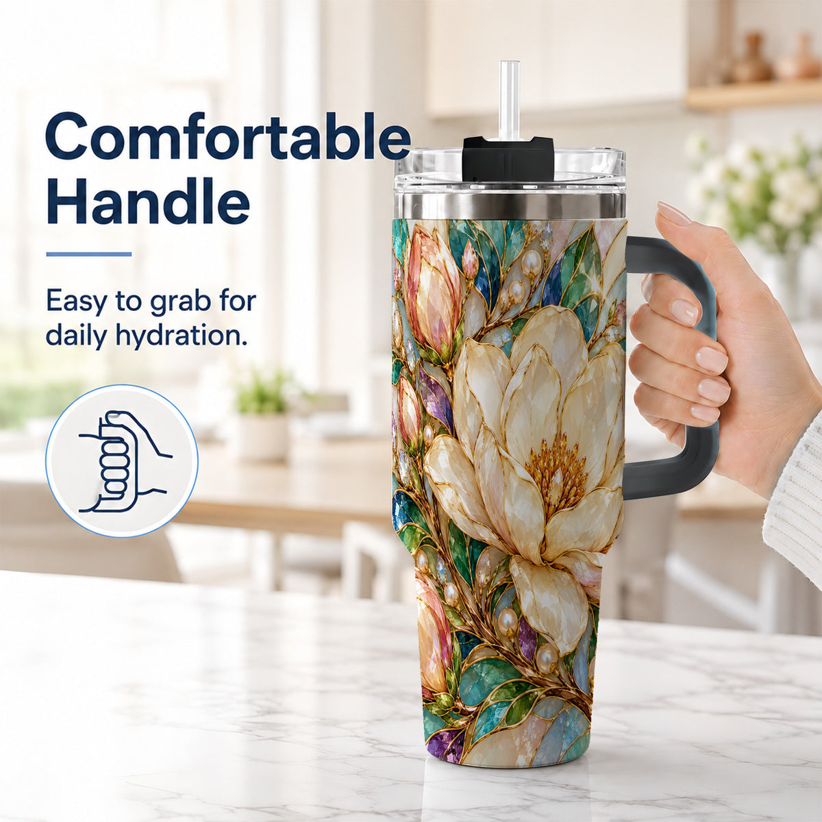 #pl[40oz|Black] Pearl Floral 40oz Tumbler with Handle, Blossom Stainless Steel Travel Cup