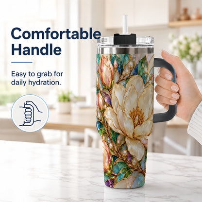 #pl[40oz|Black] Pearl Floral 40oz Tumbler with Handle, Blossom Stainless Steel Travel Cup