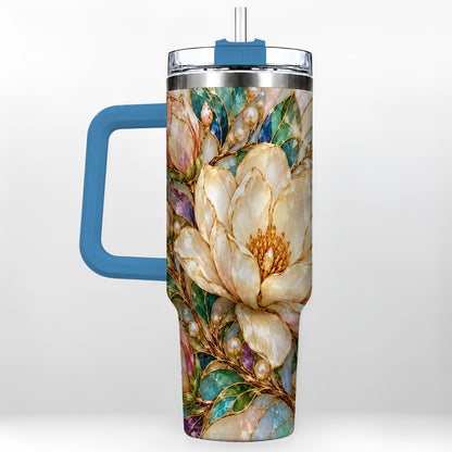 #pl[40oz|Blue] Pearl Floral 40oz Tumbler with Handle, Blossom Stainless Steel Travel Cup