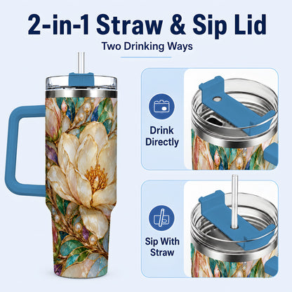 #pl[40oz|Blue] Pearl Floral 40oz Tumbler with Handle, Blossom Stainless Steel Travel Cup