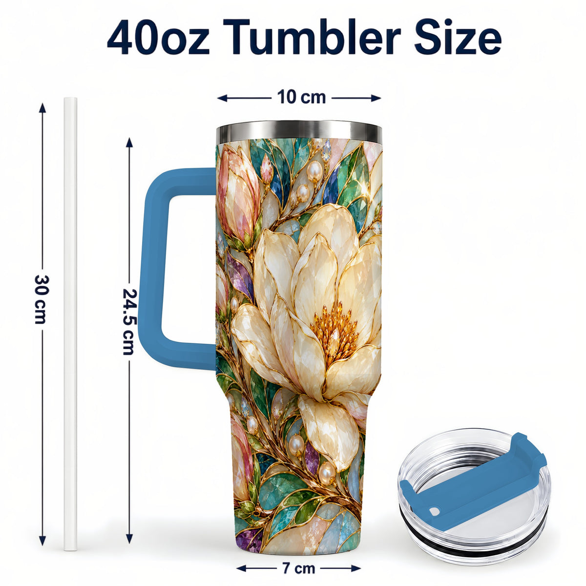 #pl[40oz|Blue] Pearl Floral 40oz Tumbler with Handle, Blossom Stainless Steel Travel Cup