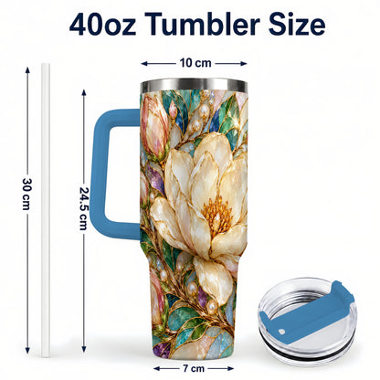 #pl[40oz|Blue] Pearl Floral 40oz Tumbler with Handle, Blossom Stainless Steel Travel Cup