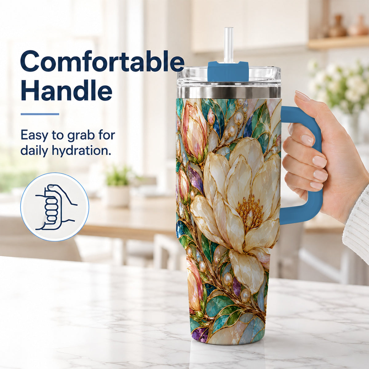 #pl[40oz|Blue] Pearl Floral 40oz Tumbler with Handle, Blossom Stainless Steel Travel Cup