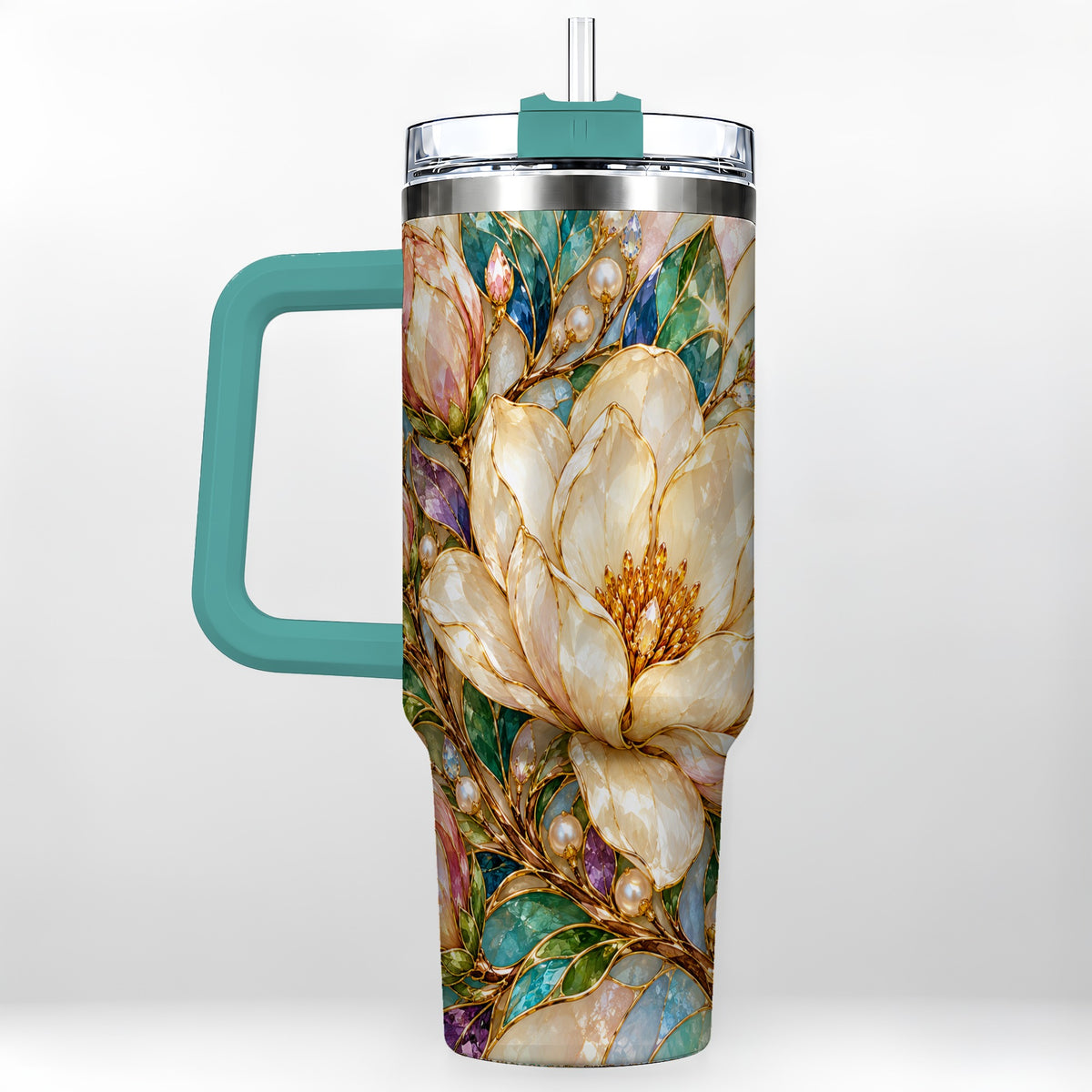 #pl[40oz|Green] Pearl Floral 40oz Tumbler with Handle, Blossom Stainless Steel Travel Cup