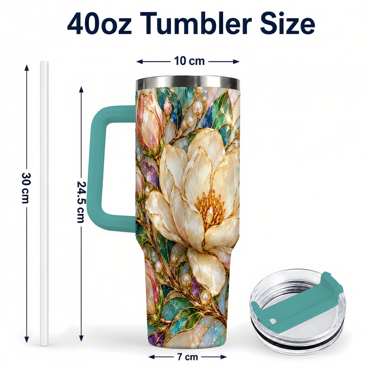 #pl[40oz|Green] Pearl Floral 40oz Tumbler with Handle, Blossom Stainless Steel Travel Cup