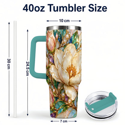 #pl[40oz|Green] Pearl Floral 40oz Tumbler with Handle, Blossom Stainless Steel Travel Cup