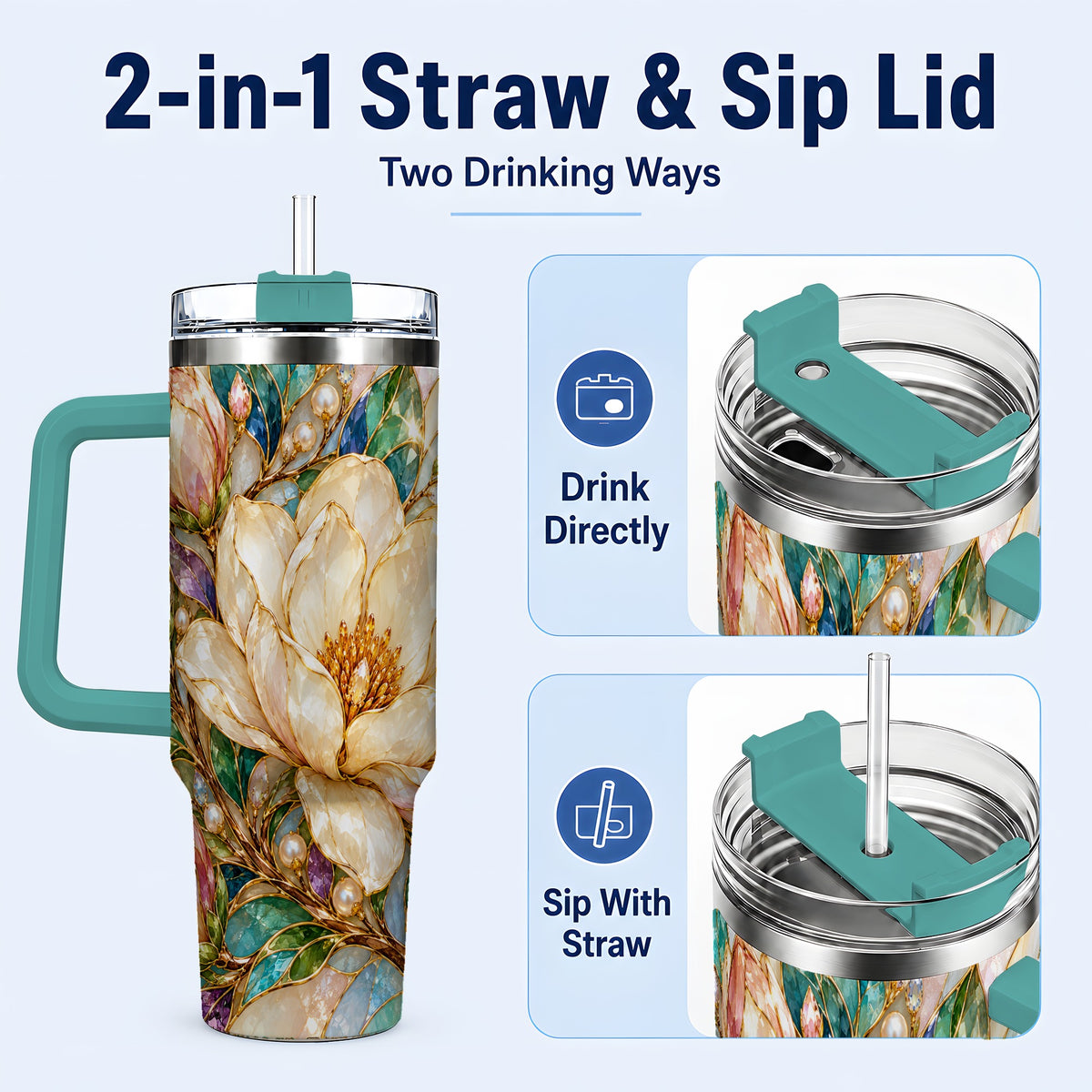 #pl[40oz|Green] Pearl Floral 40oz Tumbler with Handle, Blossom Stainless Steel Travel Cup