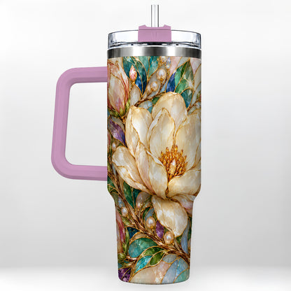 #pl[40oz|Pink] Pearl Floral 40oz Tumbler with Handle, Blossom Stainless Steel Travel Cup