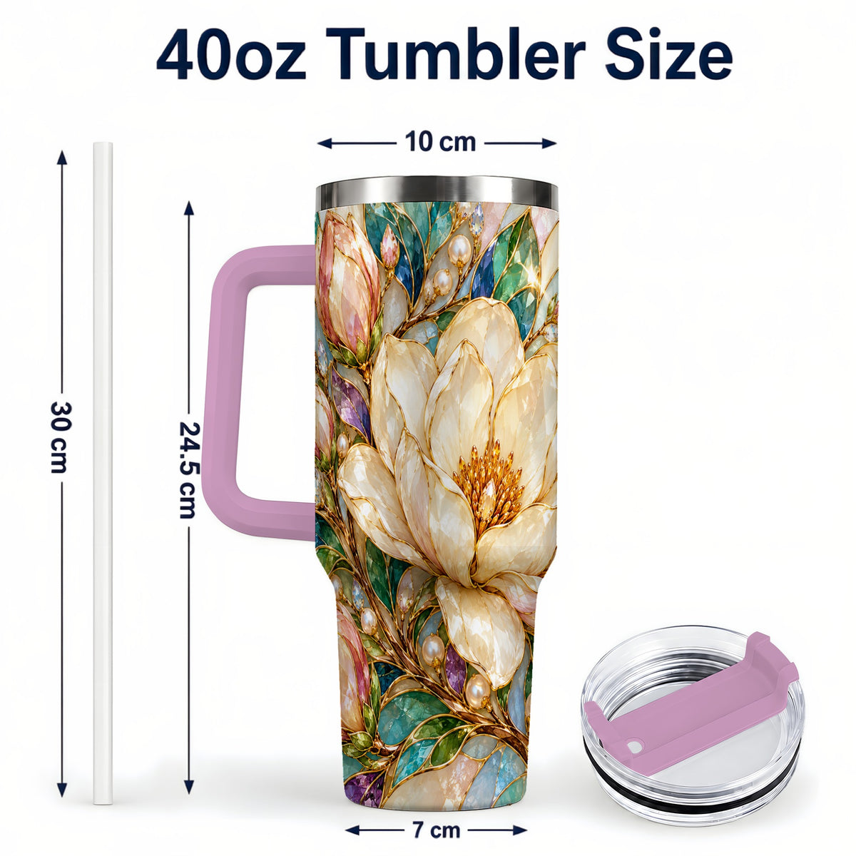 #pl[40oz|Pink] Pearl Floral 40oz Tumbler with Handle, Blossom Stainless Steel Travel Cup