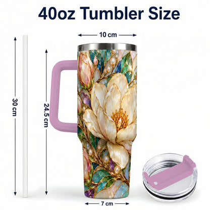 #pl[40oz|Pink] Pearl Floral 40oz Tumbler with Handle, Blossom Stainless Steel Travel Cup