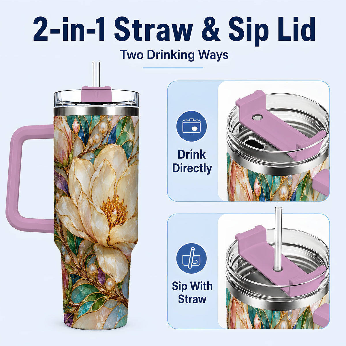 #pl[40oz|Pink] Pearl Floral 40oz Tumbler with Handle, Blossom Stainless Steel Travel Cup